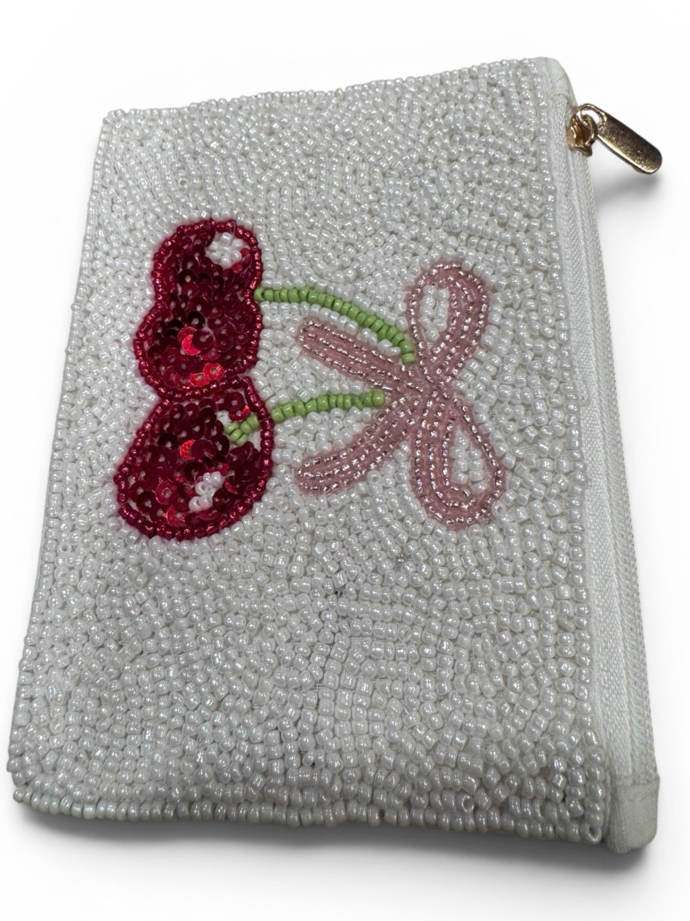 Cherry Seed Bead Coin Purse Beaded Zip Pouch Cherry Bow - Picture 3 of 7
